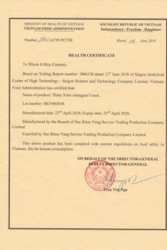 Tiêu chuẩn xuất khẩu - Yến Sào Thiên Triều - Nhà Phân Phối Chính: Công Ty Cổ Phần ICV Land